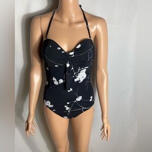 Spiegel Women’s One Piece Swimsuit Size 8 Black White Floral Halter NWT